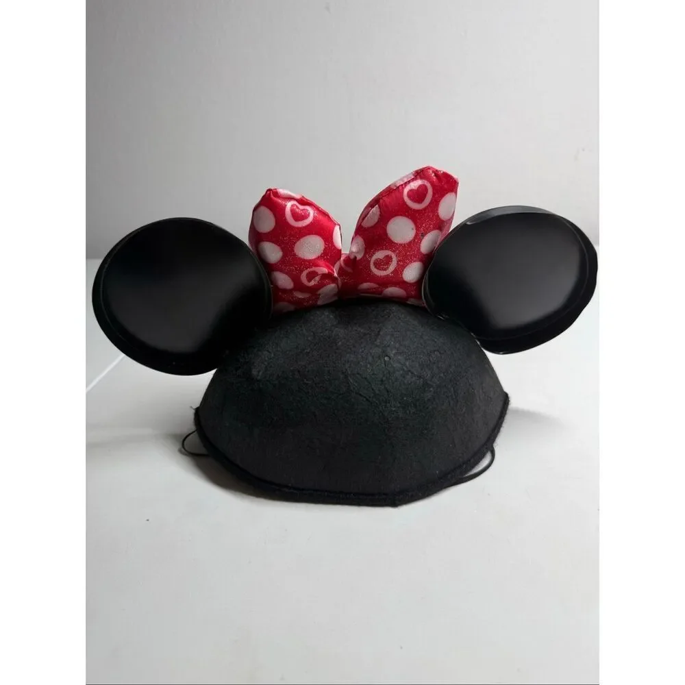 Disney Minnie Mouse Ears one size Black Mouseketeers Hat Red Polka Dot Bow Patch